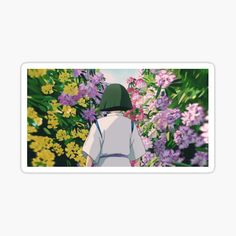 a person standing in front of flowers with a backpack on their back and the background is blurry sticker