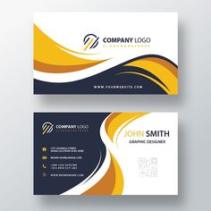 two business cards with yellow and blue waves on the front, one in black and white