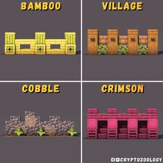 four different types of buildings with the words bamboo village, cobble and crisson