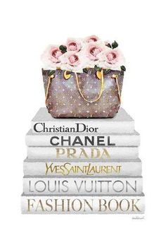 three books stacked on top of each other with pink flowers in the bag and text reading christian dior chanel, prada, yes saint laurent, louis vuitton fashion book