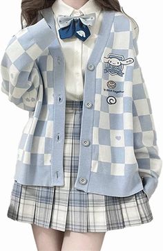 Kawaii Sweater Anime Plaid Cardigan Sweaters Cardigan for Women Cosplay Costume V Neck Long Sleeve Sanrio Outfits, Kawaii Sweater, Ulzzang Korea, Novelty Sweater, Women Cosplay, Cardigan Design, Plaid Cardigan, Knit Outerwear, Cardigan Sweaters