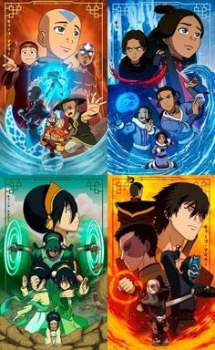 four different avatars from avatar series, with the main characters and their names on them