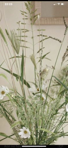 a vase filled with lots of white flowers and greenery on top of a table