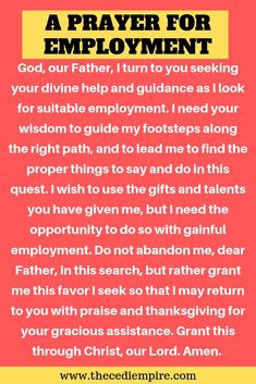 a prayer for an employee with the words,'a prayer for employment god our father, i turn to you seeking your divine help and guidance as