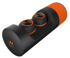 an orange and black speaker with two speakers on it's side, one in the middle