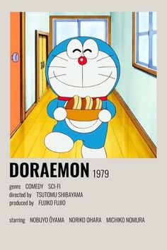 the poster for doraemon is displayed in an empty room