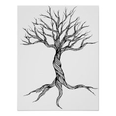 a black and white drawing of a tree with no leaves on the branches, against a white background