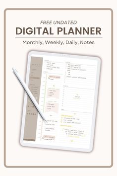 a digital planner with a pen on top of it and the text, free updated digital planner