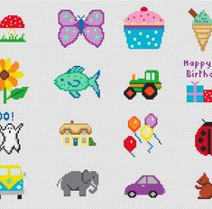 the cross stitch pattern shows different types of birthday items and their name on it's side