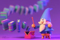 an animated gnome is holding a wand in front of some books and other items on a purple background