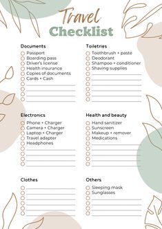 a travel checklist with flowers and leaves