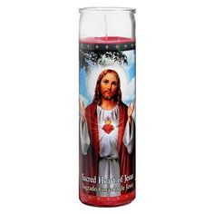 a candle with the image of jesus on it