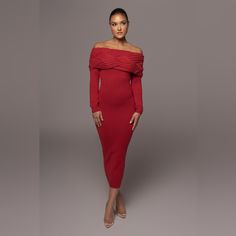 Achieve Both Style And Grace This Season In Our Red Cecyl Cable Knit Sweater Dress! This Irresistible Off The Shoulder Long Sleeve Dress Features A Thick Sweater Knit Overlay With A Bodycon Silhouette That Falls Down To A Classy Maxi Length Hem. Just Right And In Time For The Cold Weather! Stretchy. Materials: 40% Viscose 20% Polyester 15% Nylon 15% Cotton 10% Acrylic Length: (Full) 48 In. (Sleeve) 23 In. Product Origin: Imported Washing Instructions: Hand Wash Cold Undergarments: Strapless Bra Red Long Sleeve Sweater Dress For Party, Red Midi Dress For Winter Evening, Elegant Red Sweater Dress For Party, Elegant Midi Length Sweater Dress For Party, Chic Red Fitted Sweater Dress, Chic Red Sweater Dress For Party, Elegant Red Knee-length Sweater Dress, Chic Fitted Midi Dress For Red Carpet, Chic Long Sleeve Red Carpet Dress