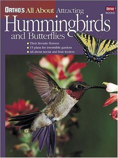 a book cover with a hummingbird and butterfly on it's back, in front of flowers