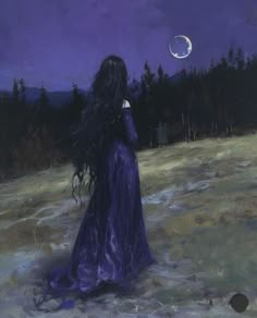 a painting of a woman in a purple dress looking at the moon