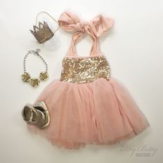 Kids Blush Pink tulle with Gold Sequins. This toddlers dress is perfect for birthday parties and feeling pretty in! Baby Coming Home Outfit, Golden Birthday, Fairy Birthday, Fairy Parties, First Birthday Outfits, Princess Birthday Party, Pink Tulle, Gold Birthday