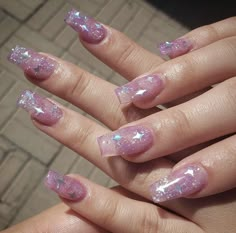 Purple Nails Acrylic Aesthetic, Pink Glitter Star Nails, Mermaid Sparkle Nails, Purple Clear Nails, Clear Acrylic Nails With Glitter, Pink And Clear Nails, Transparent Pink Nails Acrylic, Cute Clear Acrylic Nails, Clear Sparkle Nails