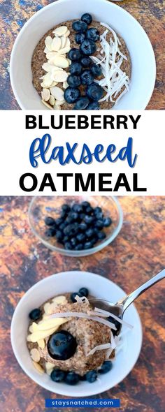 blueberry flaxseed oatmeal in a white bowl on top of a wooden table