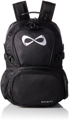 a black backpack with an infinite symbol on the front and side pocket, in white lettering