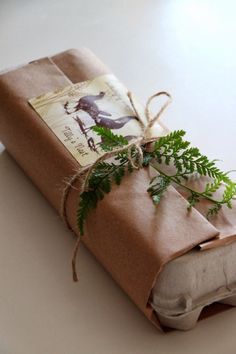 a wrapped gift with a green plant on it's wrapper is sitting on a table