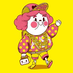 an image of a cartoon character with pink hair and yellow outfit holding a small bag