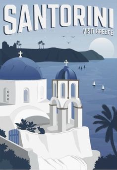 an image of a travel poster with the name san antonio, visit greece on it