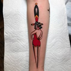 Lady Knife Tattoo, American Traditional Pinup, Bombshell Tattoo, Traditional Pinup Tattoo, Front Ankle Tattoos, Burlesque Tattoo, Pinup Cowgirl, Traditional Dagger Tattoo, Pin Up Tattoo