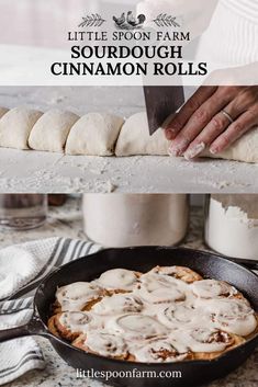 a pan filled with cinnamon rolls sitting on top of a table