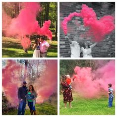 four different shots of people throwing colored powder at each other in the park and on the lawn