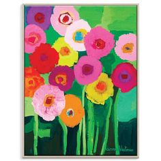 an abstract painting of colorful flowers on a green background