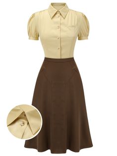 2PCS Lapel Puff Sleeve Solid Blouse & High Waist Skirt | Retro Stage 1980s Clothes Women, 1939 Fashion Women, 1960s Clothes Women, 1978 Fashion Woman Style, Vintage Southern Outfits, 1960s Inspired Fashion, Old Teacher Outfits, 1930s Fashion Women Dresses, 1890s Womens Fashion