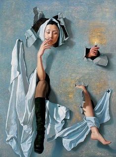 a painting of a woman holding an umbrella and looking through torn up pieces of paper