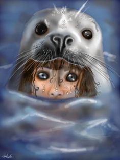 a girl in the water with a seal on her head and an animal's face