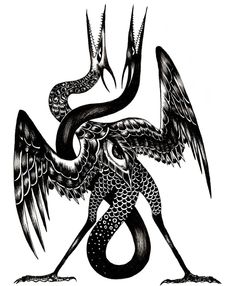 a black and white drawing of a snake with wings