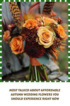 a wedding bouquet with orange roses and feathers is featured in this card for the bride's special day