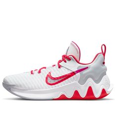 the nike zoom basketball shoe is in white and pink with red accents on the upper part