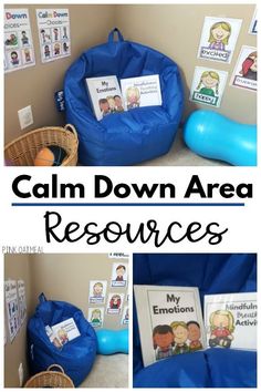 a collage of pictures with the words calm down area resources in blue and white