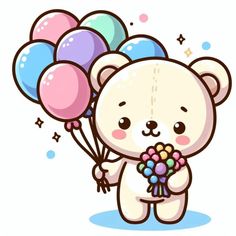 a white teddy bear holding some balloons