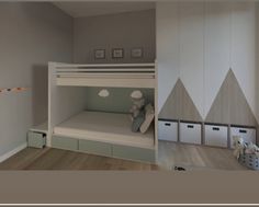 a bunk bed sitting in the middle of a bedroom next to a wall with mountains on it