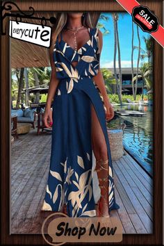 Italian Navy Blue V Neck Asymmetrical Print Tunic Side Open Maxi Dress Summer Italian Summer Outfits, Maxi Dress Summer, Sleeveless Suit, Loose Outfit, Dresses By Length, Blue V, Print Tunic, Summer Maxi Dress, Dress Summer