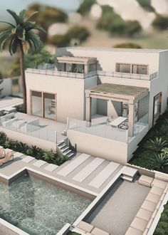 an artist's rendering of a modern house with pool and palm trees in the background