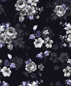 black and white flowers with blue leaves on a dark background seamless wallpaper pattern