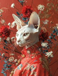 a white cat wearing a red dress with flowers on it's head and neck