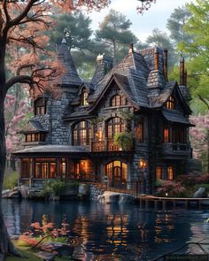 this is an image of a beautiful house in the woods with water and trees around it