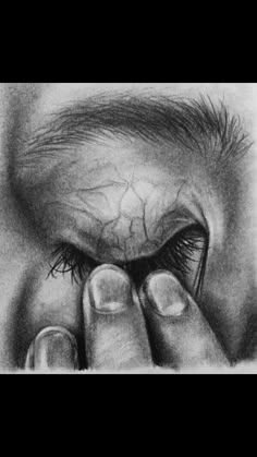 a pencil drawing of someone holding their hand to their eye