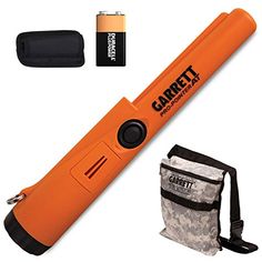 an orange and black lighter with its contents in the bag next to it on a white background