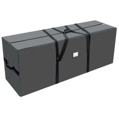 a large gray box with two black ribbons on the front and one white ribbon on the back