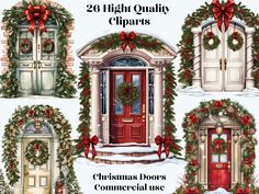 christmas door decorations with bows and wreaths on the front, side, and back doors