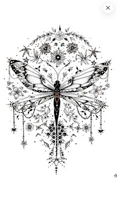 a black and white drawing of a dragonfly with flowers on it's wings