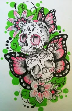 a drawing of a skull with flowers and butterflies on it's head, sitting in front of a green background